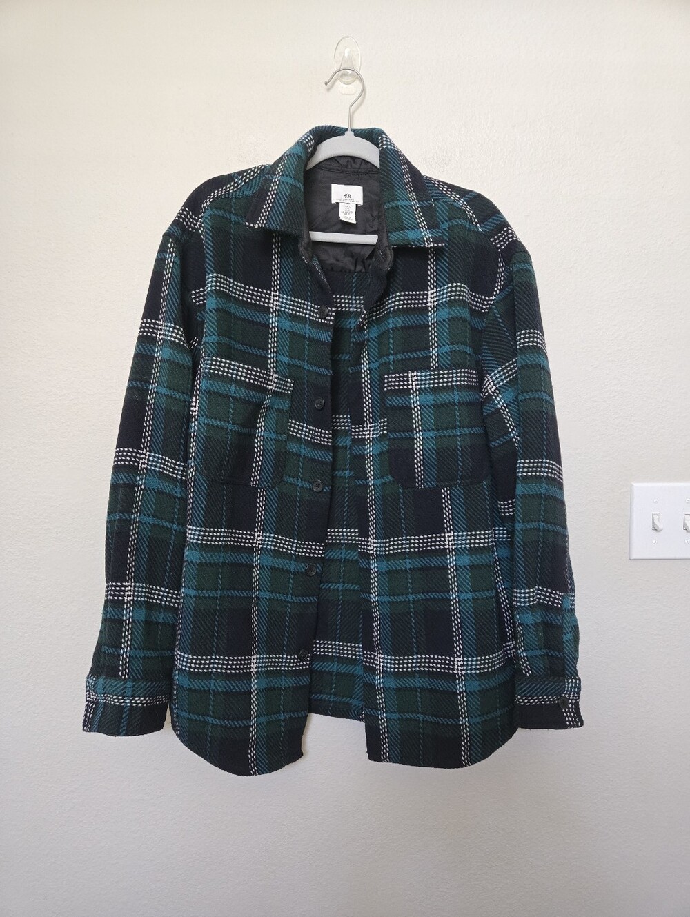 H&M Mens Plaid Green Black Overshirt Shacket Relaxed Fit Size Large